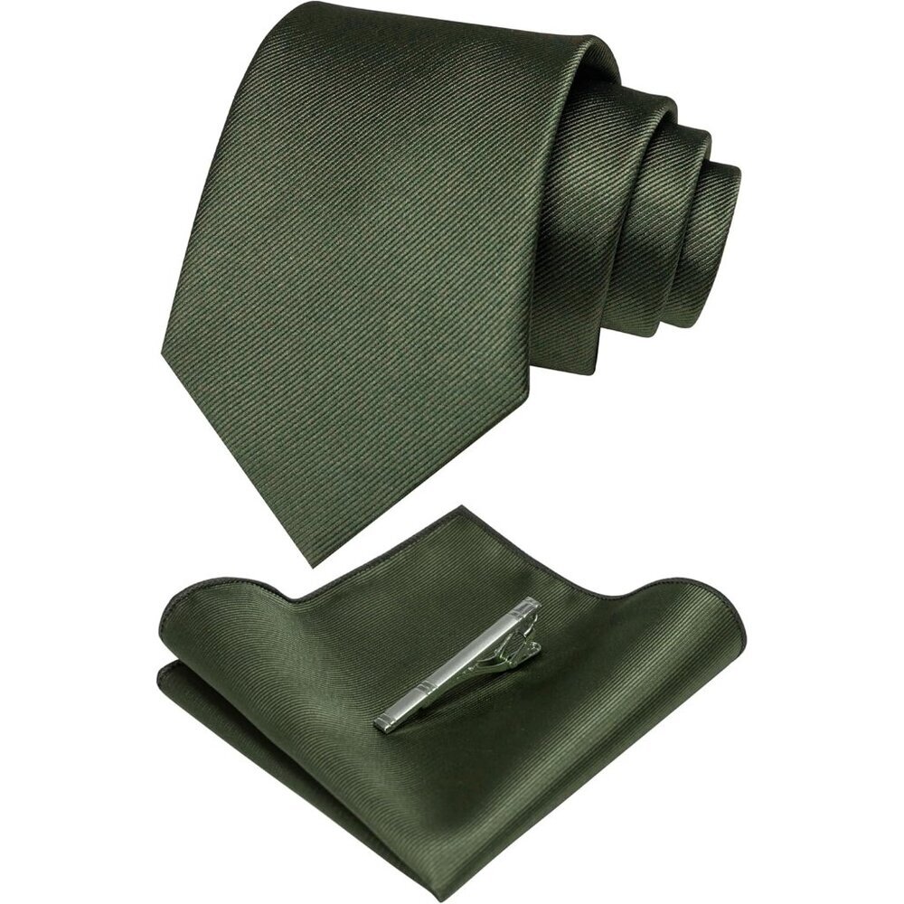 Men's Olive Green Solid Color Formal Necktie And Pocket Square Tie Clip Sets